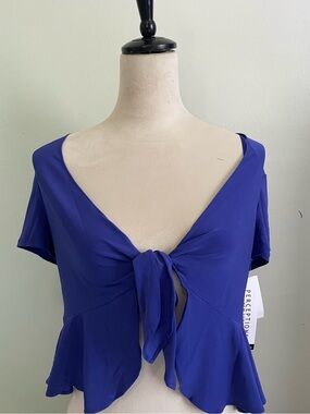 Perceptions Purple Tie-Front Ruffle Short Sleeve Blouse